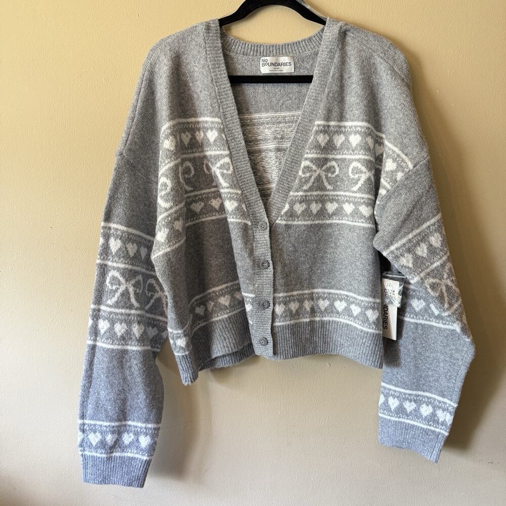 Y2K Croquett Cardigan 20 NWT Grey Bow Heart Cropped Balletcore Dopamine Pastel